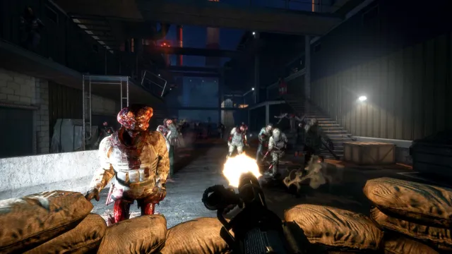 Arizona Sunshine Remake screenshot: firing a mounted gun from behind sandbags at zombies in a dark industrial yard