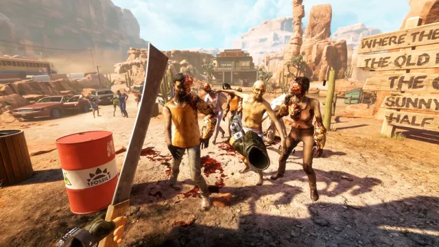 Arizona Sunshine Remake screenshot: the player raises a machete as zombies walk through a dusty desert town