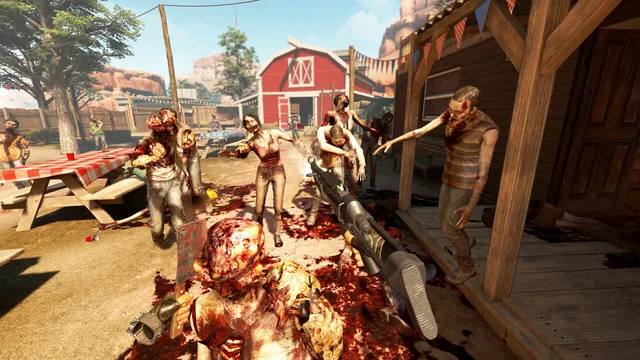 Arizona Sunshine Remake screenshot: zombies close in on the player among picnic tables and a red barn