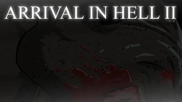 Arrival in Hell II title art: a dark hand-drawn demon face with red eyes and a splash of blood