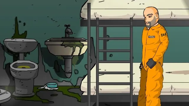 Arrival in Hell: a bald prisoner in an orange jumpsuit stands by the bunk of a filthy cell with a stained toilet and sink