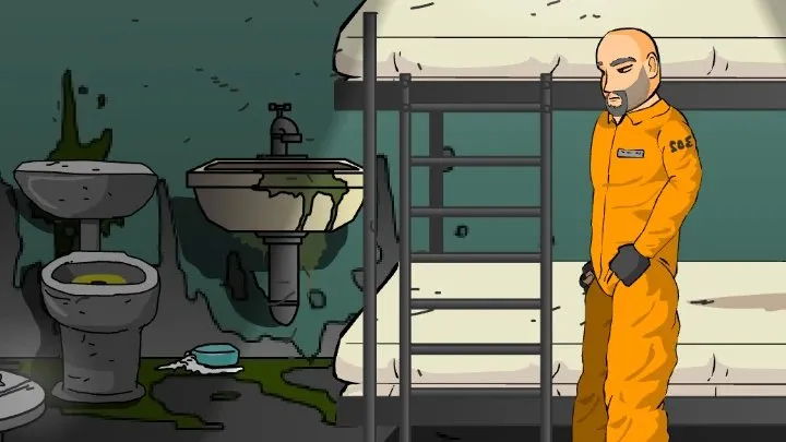Arrival in Hell: a bald prisoner in an orange jumpsuit stands by the bunk of a filthy cell with a stained toilet and sink