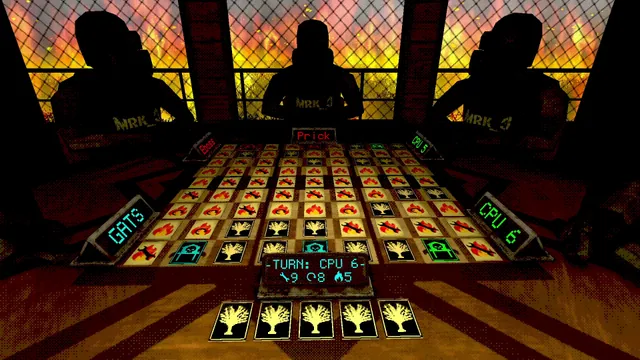 The card table seen from above, with cards marked with fire spread across the board between three hooded players