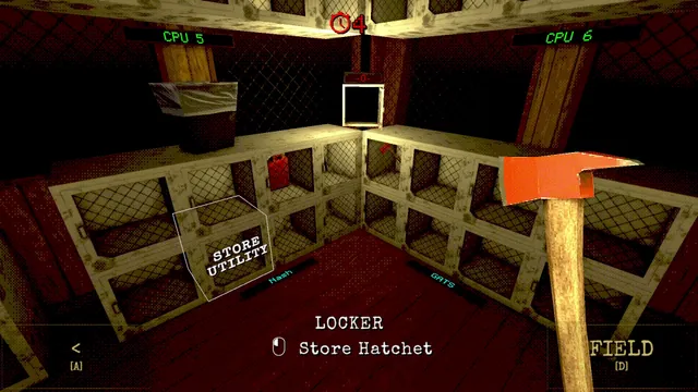 A red hatchet held in front of the tower's wire lockers, with the option to store it as a utility