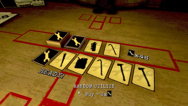 Utility cards laid out on a red-marked table, a wrench and a hatchet among them, with Random Utility on offer