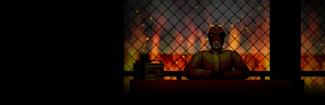 ARSONATE key art: a figure in a gas mask with one red eye sits at a table in front of wire mesh with a forest fire raging behind