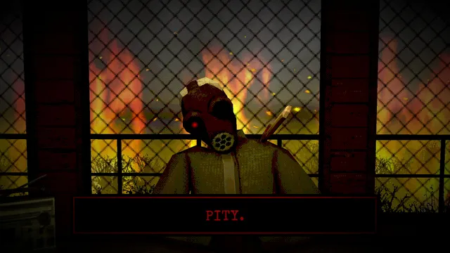 The masked host stands in the fire tower with flames behind the mesh, the caption reading Pity