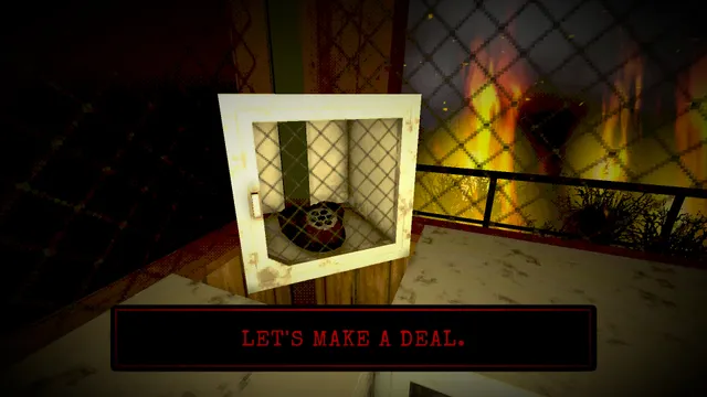 A white box holding a coiled object, with the words Let's make a deal, fire burning behind