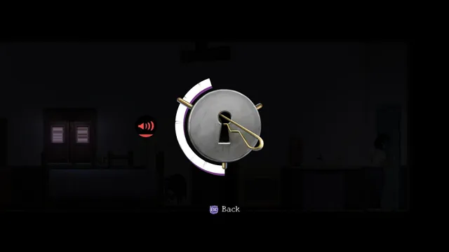 A lock-picking puzzle with a hairpin in a keyhole over a dark room