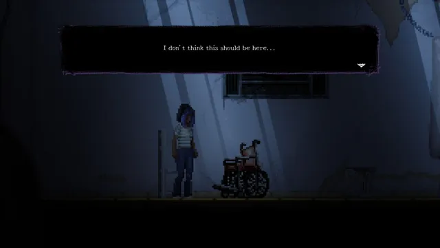 Ana Lúcia stands by an empty wheelchair in a dim room, thinking I don't think this should be here