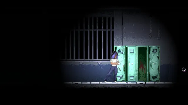 Ana Lúcia shines her flashlight on green lockers in a dark corridor