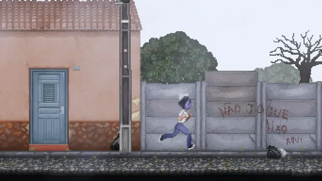 Ana Lúcia runs past a wall with graffiti on a sunny street in a Brazilian town