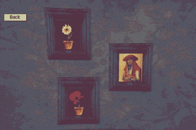 Asleep in the Deep screenshot: three framed paintings on a wall, two of potted flowers and one of a figure in red