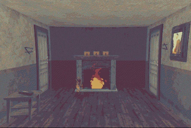 Asleep in the Deep screenshot: a room with a fireplace between two doors marked with symbols
