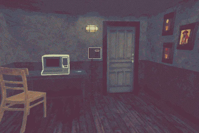 Asleep in the Deep screenshot: a room with a desk, an old computer, a wooden chair and a door
