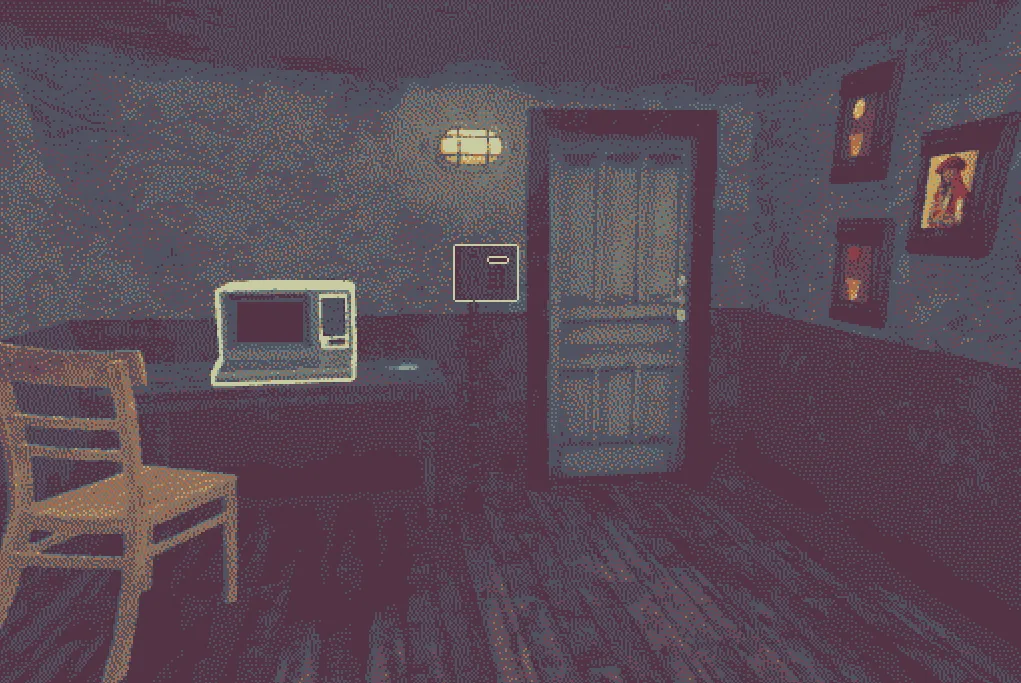 Asleep in the Deep screenshot: a room with a desk, an old computer, a wooden chair and a door