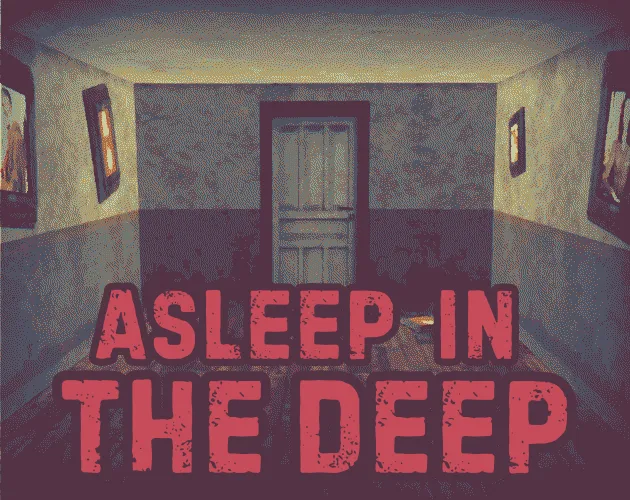 Asleep in the Deep cover: a dim room with wallpaper, framed portraits and a closed door, under the title in red letters