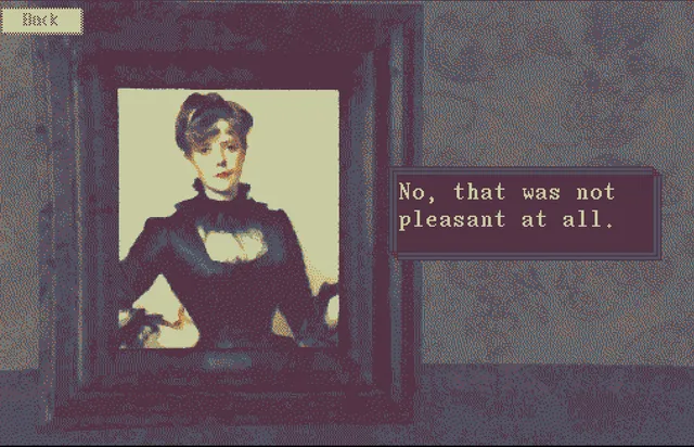 Asleep in the Deep screenshot: a close-up portrait of a woman in a dark dress, with the text No, that was not pleasant at all