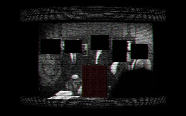 Assessment Examination screenshot: old black-and-white footage of people at a table with their faces covered by black boxes and one red box