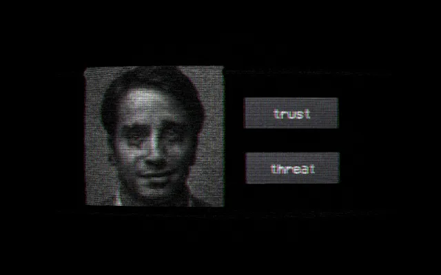 Assessment Examination screenshot: a grainy photo of a smiling man in a suit beside two buttons, trust and threat