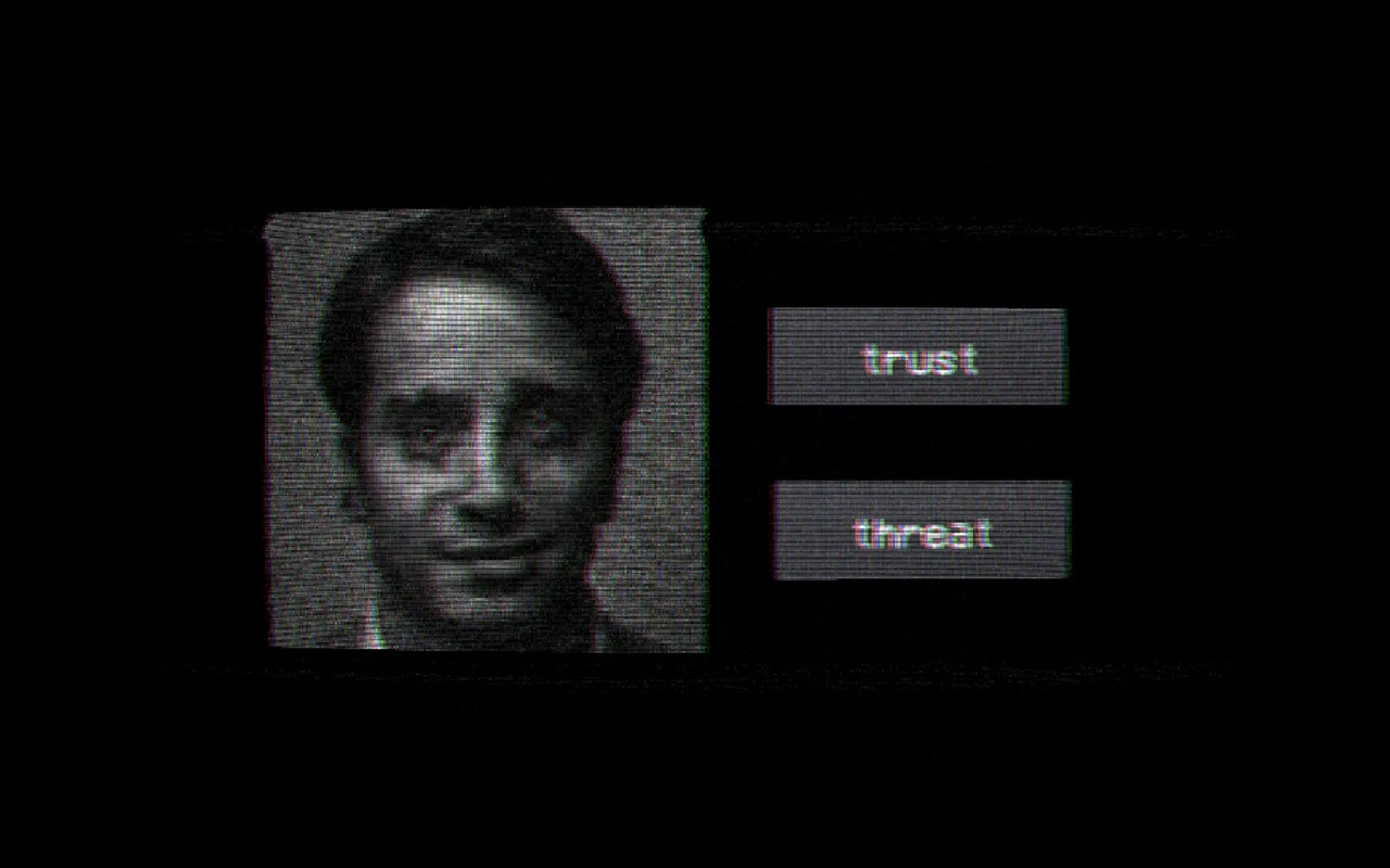 Assessment Examination screenshot: a grainy photo of a smiling man in a suit beside two buttons, trust and threat