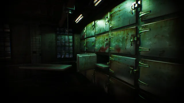A morgue in the Hanwell Mental Institute: walls of rusted body drawers, one open, under green light