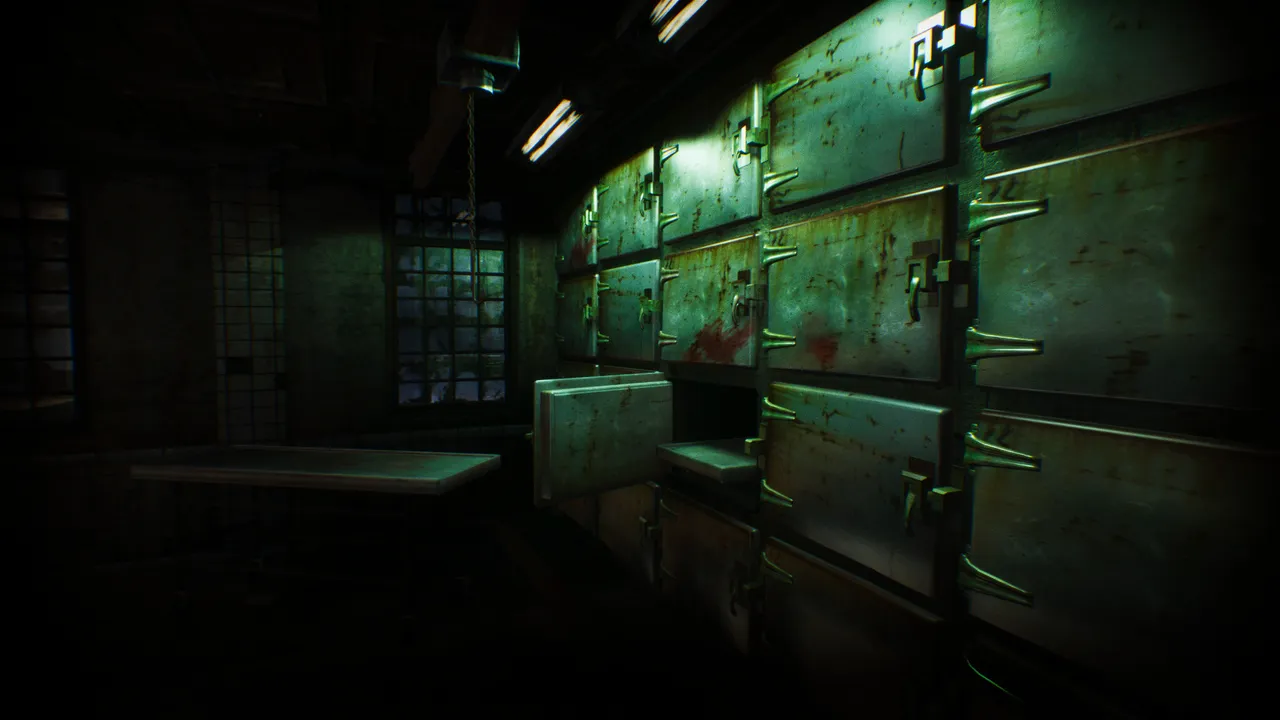 A morgue in the Hanwell Mental Institute: walls of rusted body drawers, one open, under green light