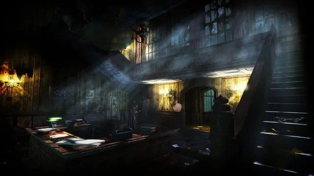 The institute lobby with a reception desk and a grand staircase in shafts of light