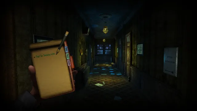 A notepad held up in a dim corridor of the institute, a task written on it