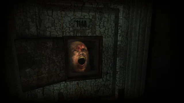 A screaming face behind the wire mesh of a cell door marked 1144