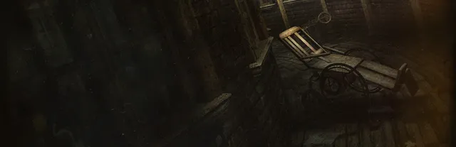 ASYLUM key art: a restraint chair in a dark, decaying cell