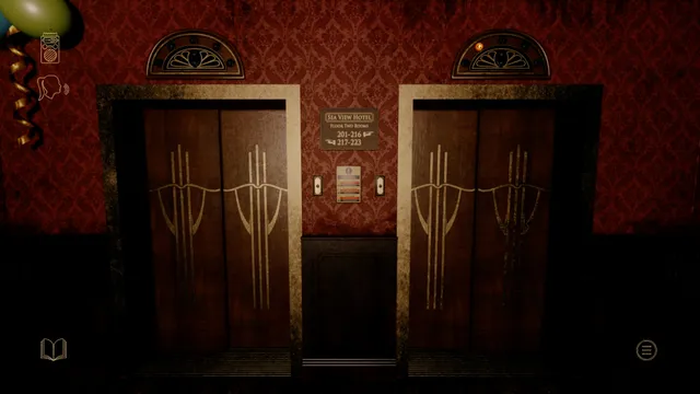 Two ornate wooden lift doors in a red-papered hotel landing, with a sign for the Sea View Hotel between them