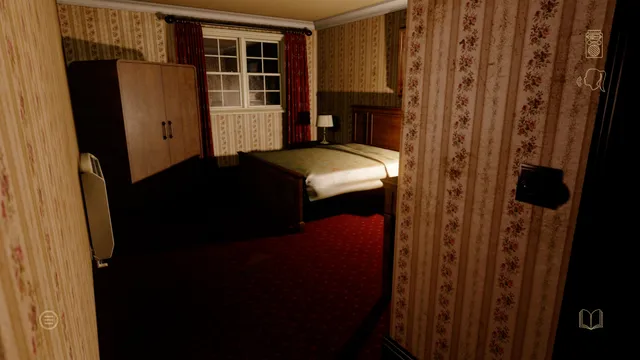 A plain hotel bedroom seen from the doorway, with a wardrobe, a made bed and floral curtains