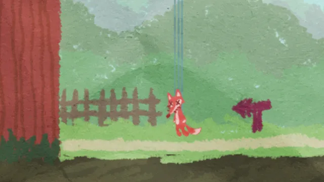 At Home Alone Final screenshot: a red fox puppet with crossed-out eyes hanging on strings in a crayon-drawn garden