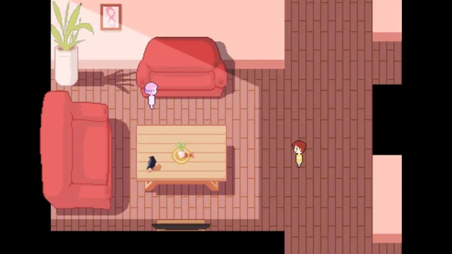At Home Alone Final screenshot: the little pink-haired girl in a pastel living room with red sofas with a dark, clawed shadow stretching across the wall