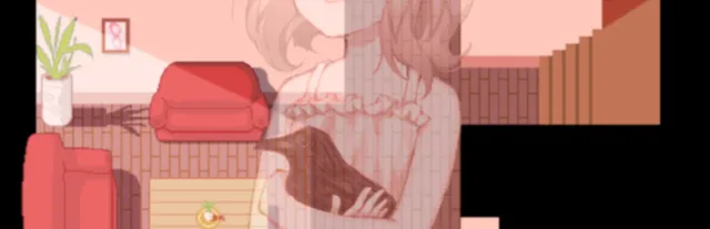 At Home Alone Final key art: a pale girl holding a black crow, drawn over the pink pixel-art living room