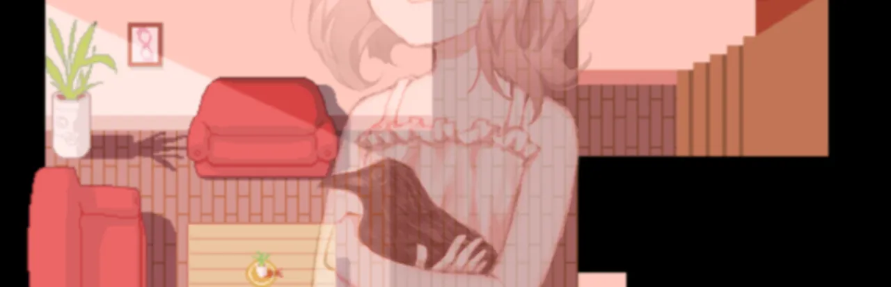 At Home Alone Final key art: a pale girl holding a black crow, drawn over the pink pixel-art living room