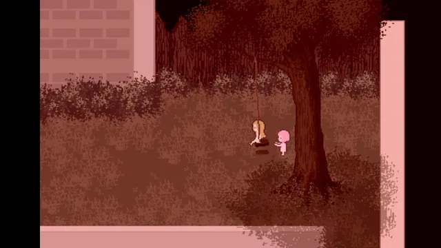 At Home Alone Final screenshot: the girl beside a blonde girl on a tree swing in a backyard washed in dark red