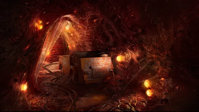 A tunnel overgrown with red, veined flesh and glowing amber lights around an old machine