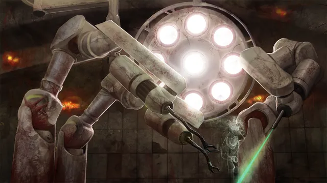 A surgical machine with clawed metal arms and a ring of bright lamps over a blood-stained table