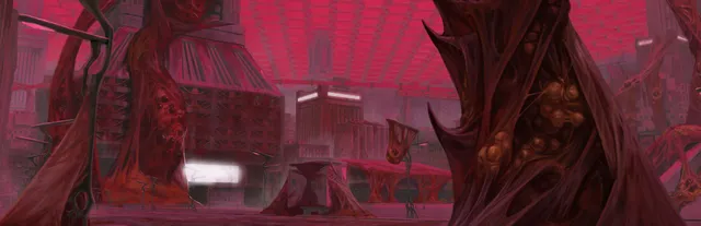 Athanasy key art: a city street choked with red, fleshy growths and dark pods