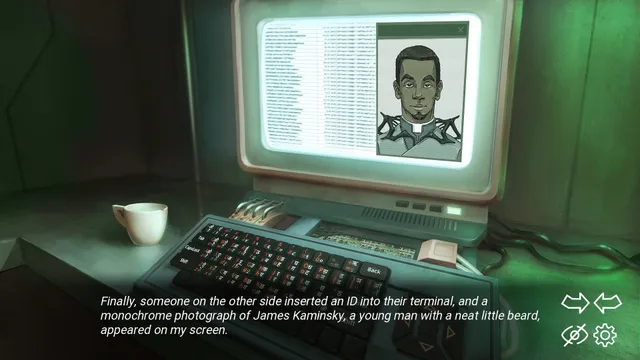 An old green-lit computer terminal showing a man's file photo, with narration text below
