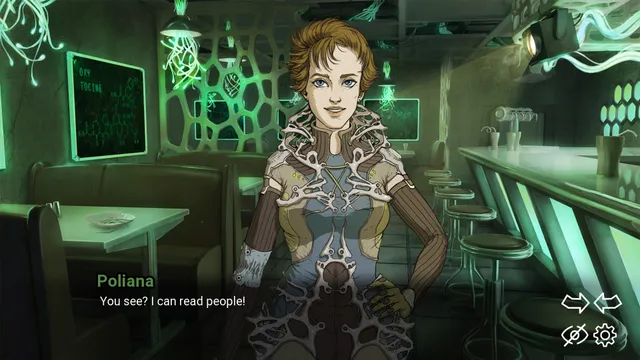 Poliana, a woman with metal-laced armour, smiling in a green-lit underground bar