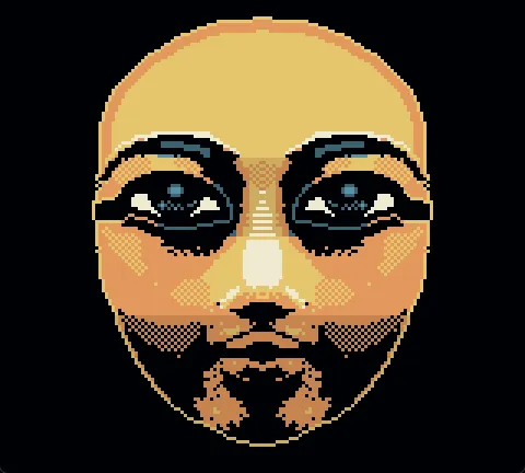 Atropa screenshot: a golden Egyptian funeral mask with dark-lined eyes in Game Boy Color pixel art on black