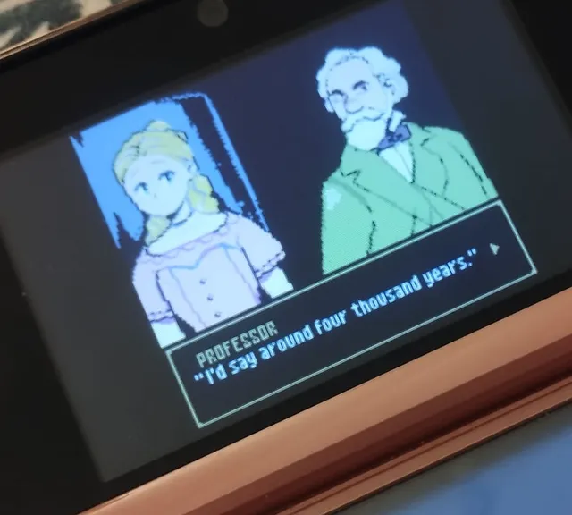 Atropa running on a handheld screen: the professor beside a girl, saying around four thousand years