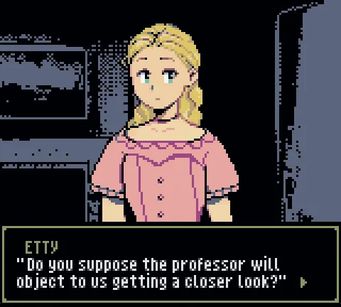Atropa screenshot: a blonde girl in a pink dress asking whether the professor will object to a closer look