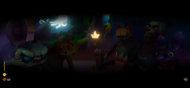 Baby Blues Nightmares screenshot: a row of fanged plush animals, a cat and a bear among them, looming in the dark