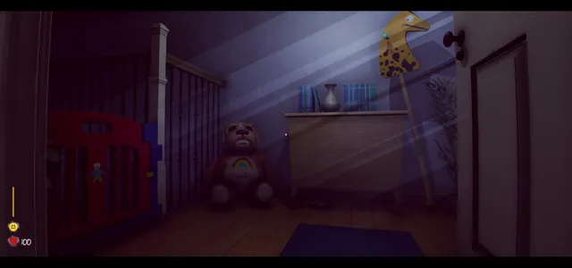 Baby Blues Nightmares screenshot: a nursery with a crib, a large teddy bear and a giraffe on the wall in shafts of light