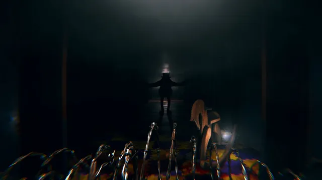 Baby Blues Nightmares screenshot: a tall figure with outstretched arms at the end of a dark corridor, seen past a toy horse and a row of bent wires