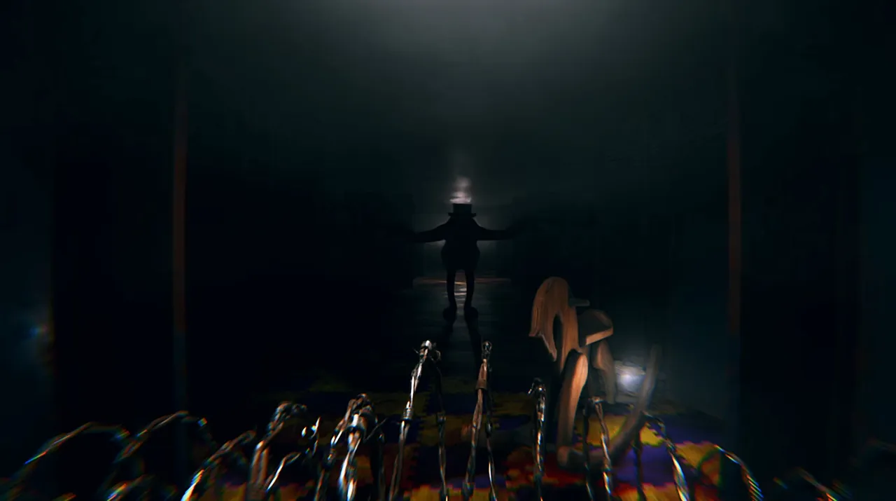 Baby Blues Nightmares screenshot: a tall figure with outstretched arms at the end of a dark corridor, seen past a toy horse and a row of bent wires